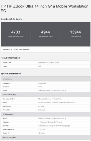 Geekbench AI Score HP HP ZBook Ultra 14 inch G1a Mobile Workstation PC