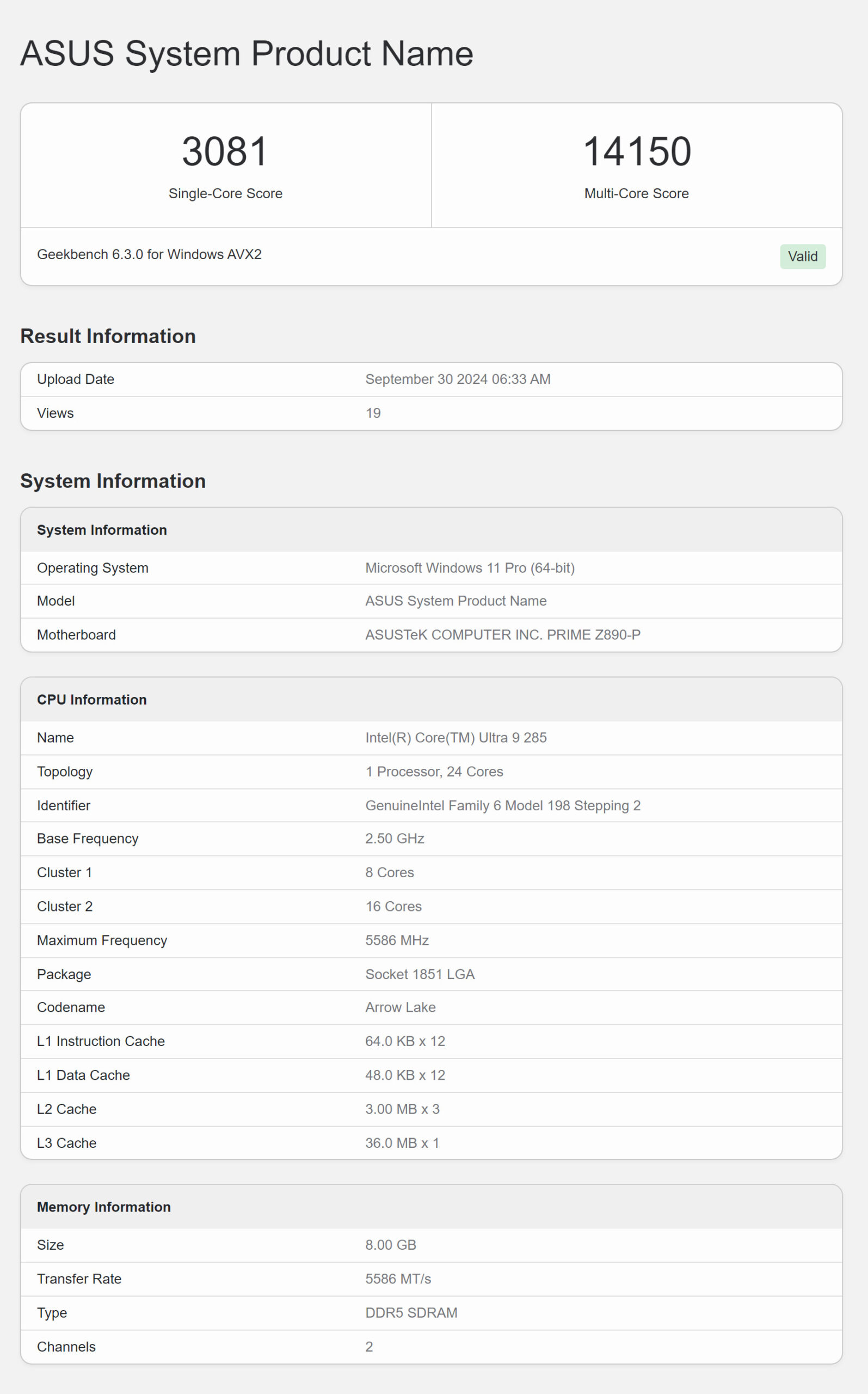 Intel Core Ultra 9 285 Geekbench v6