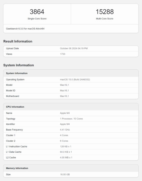 Apple M4 Mac Geekbench 6