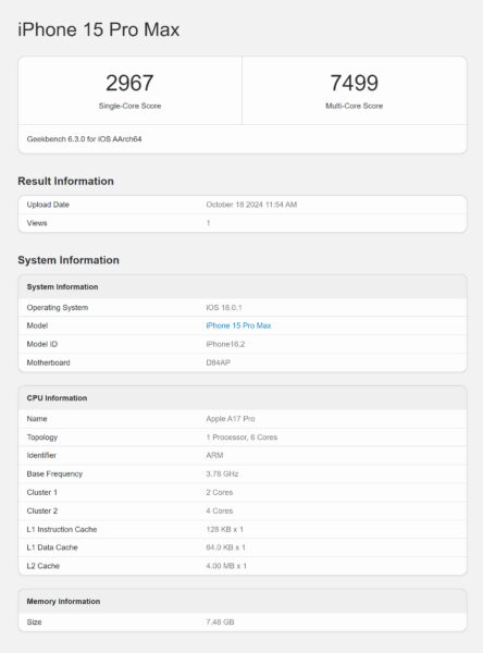 Geekbench v6 iPhone 15 Pro Max