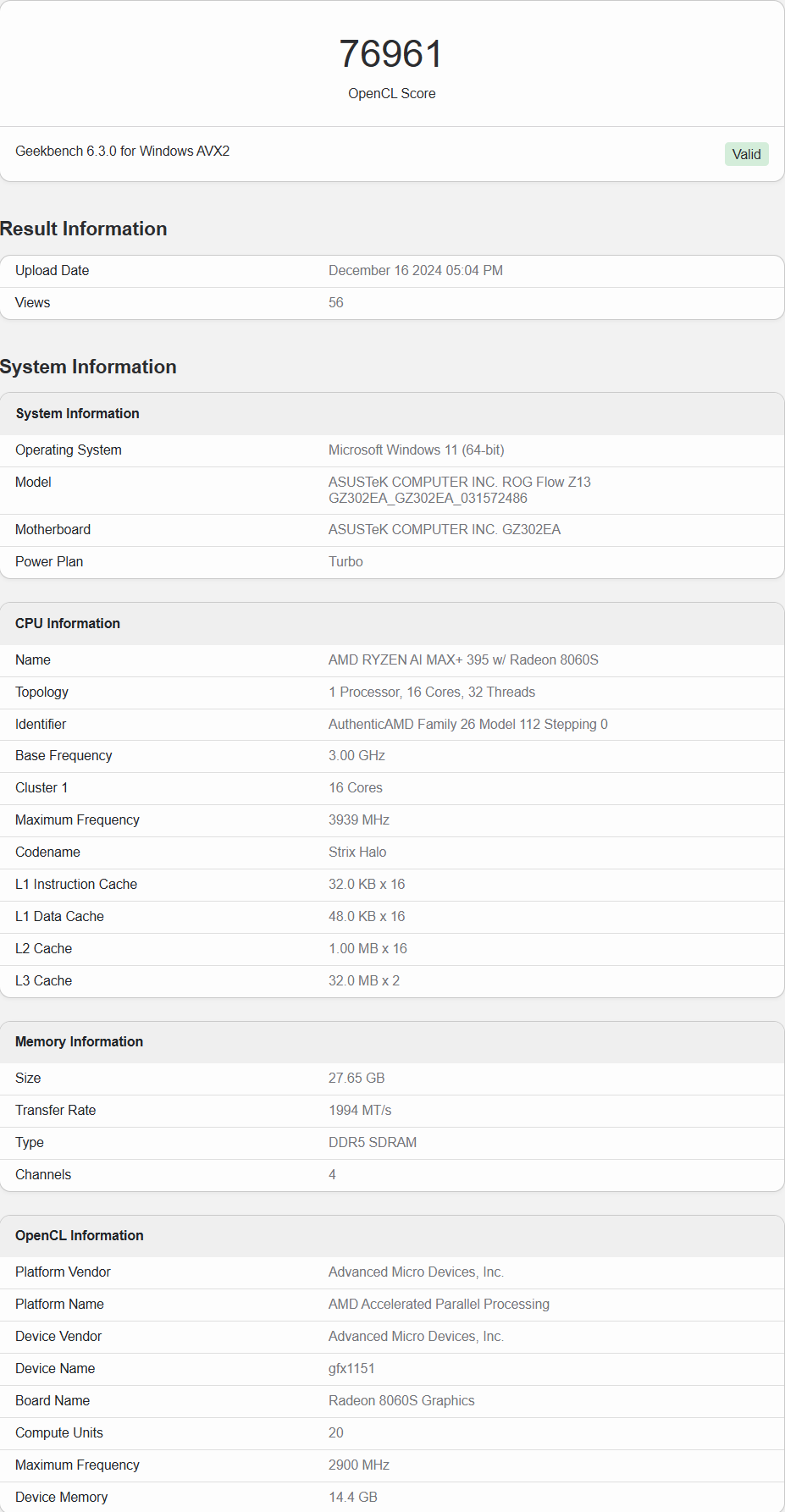 AMD Ryzen AI MAX 395 Radeo -8060S OpenCL Score