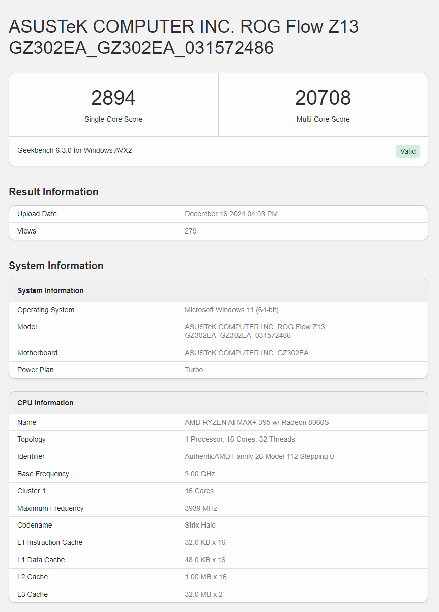 Geekbench 6 ASUS ROG Flow Z13 AMD Ryzen AI Max 395