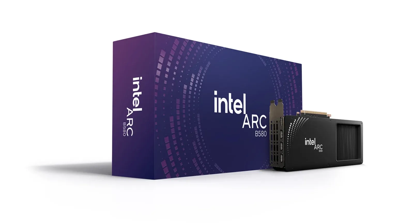 Intelの次世代グラフィックボード、Arc B580。青いアクセントラインが入った、シャープなデザインの2連ファンモデルのコンセプトイメージ。