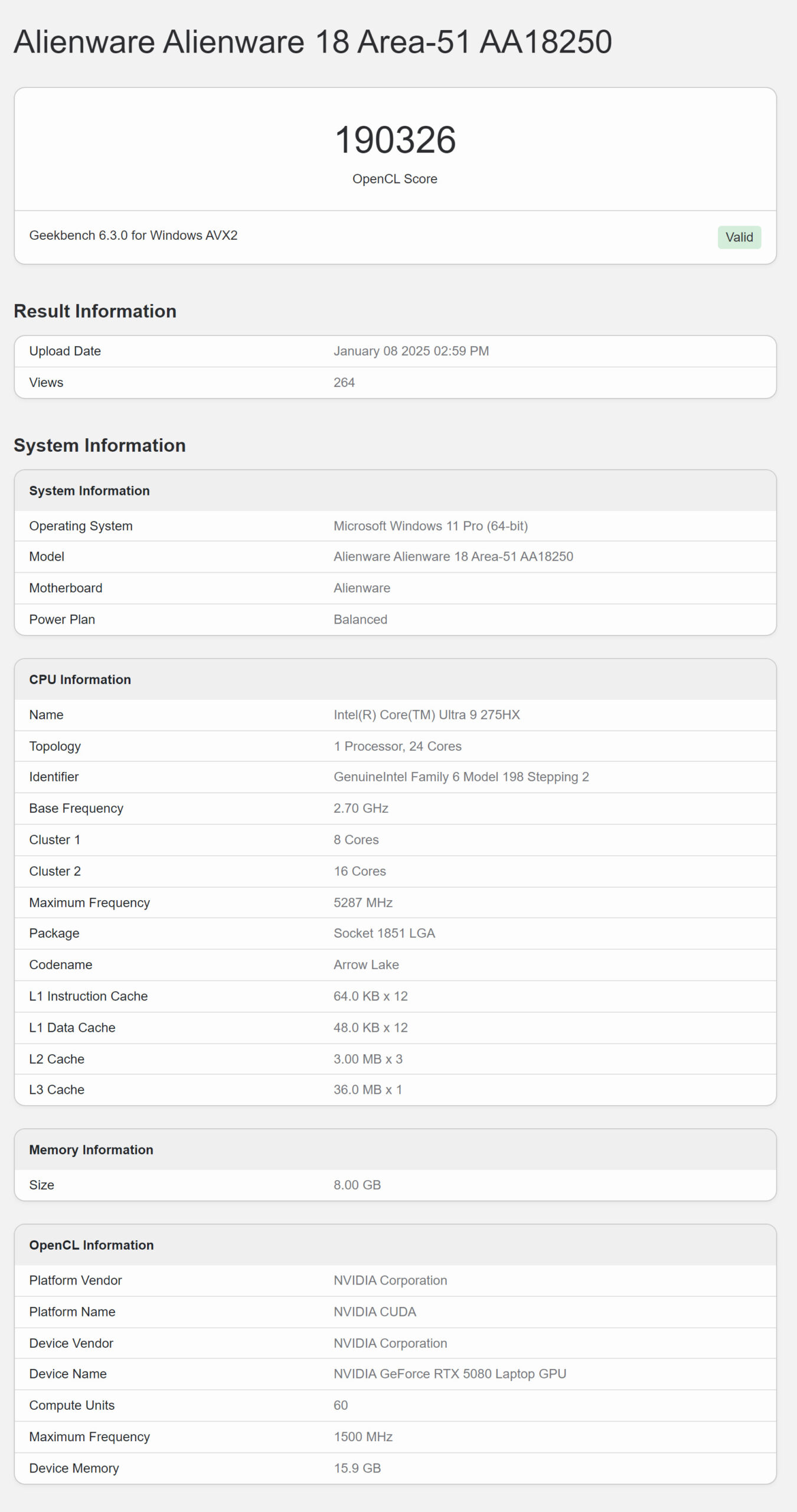 NVIDIA GeForce RTX 5080 Laptop GPU OpenCL Geekbench