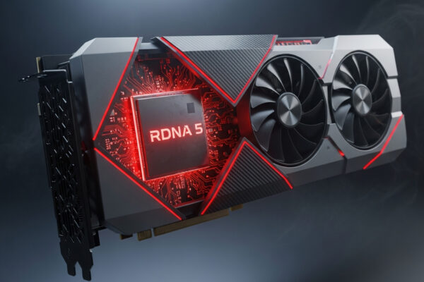 マットブラックのシュラウドを持つ未来的なAMD Radeonグラフィックボード。カットされた部分から、内部で赤く輝く「RDNA 5」のシリコンダイが見える様子。