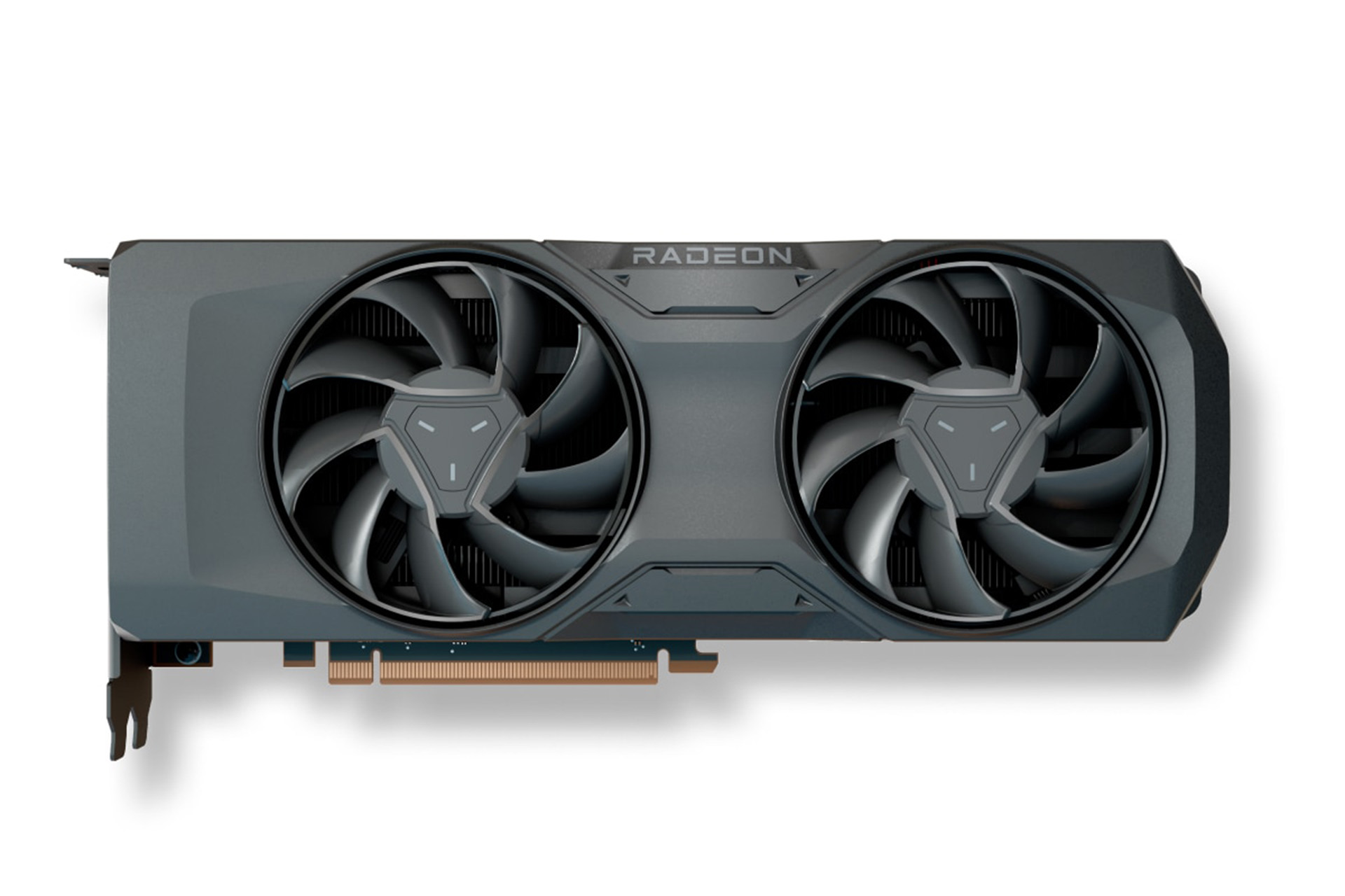 AMD Radeon RX 7700 XT グラフィックボード。ダークグレーのシュラウドを持つ2連ファン搭載のリファレンスモデル。