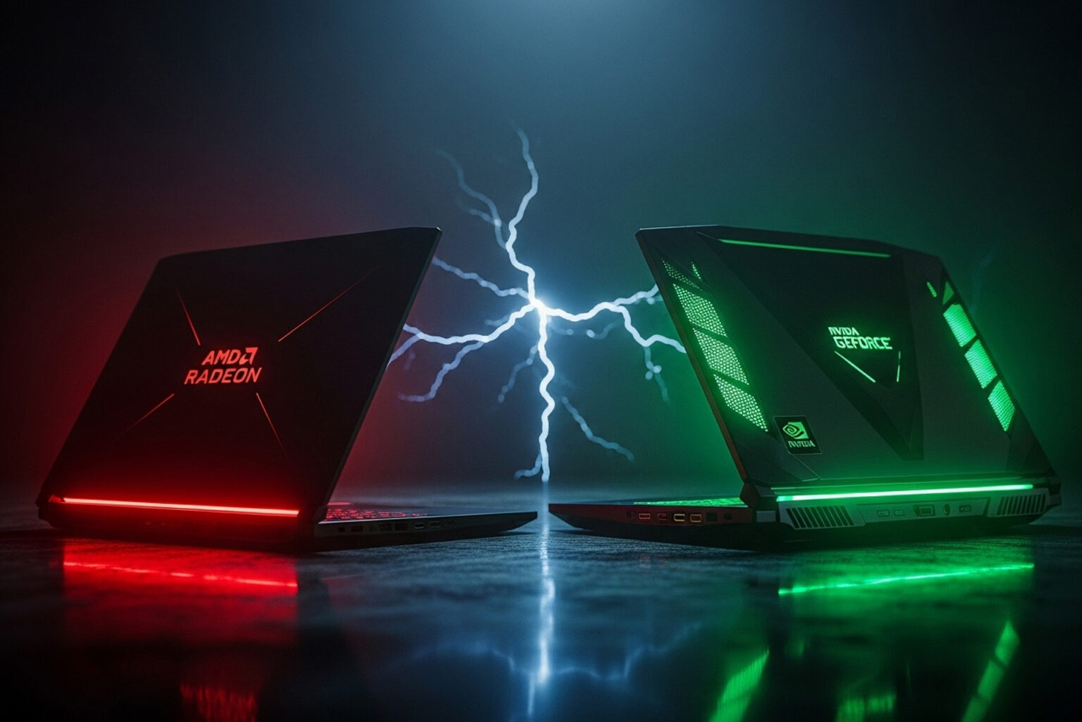 AMDの統合GPU「Radeon 8060S」を搭載した薄型ノートPCと、NVIDIAの専用GPU「RTX 4070」を搭載したゲーミングノートPCが対峙しているコンセプトイメージ。