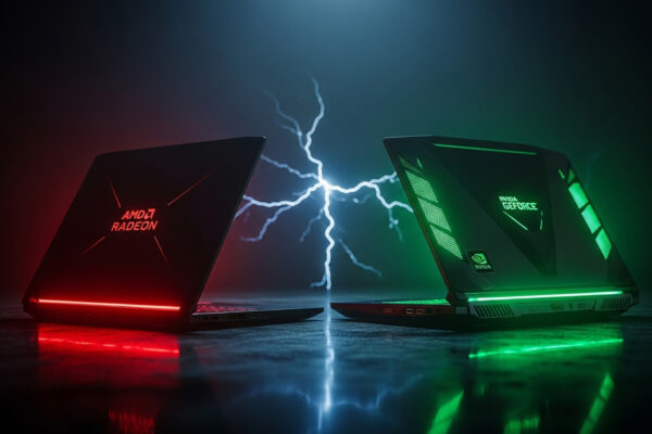 AMDの統合GPU「Radeon 8060S」を搭載した薄型ノートPCと、NVIDIAの専用GPU「RTX 4070」を搭載したゲーミングノートPCが対峙しているコンセプトイメージ。