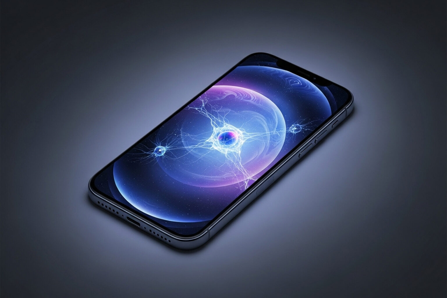 Apple Intelligenceの知性の核を象徴する、青く輝くエネルギーコアが画面に表示されたiPhoneの画像。