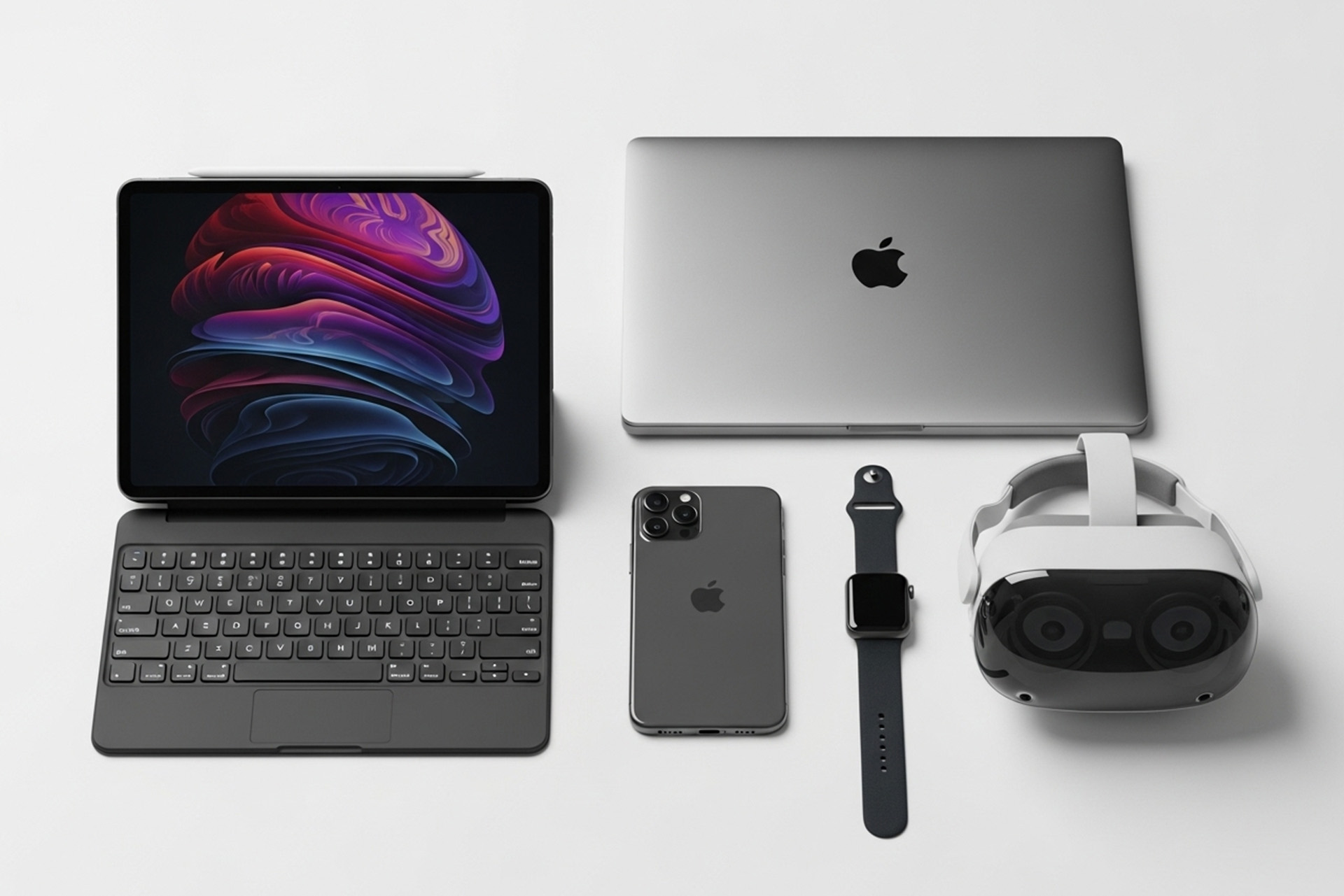 Apple Intelligenceに対応するiPad, MacBook, iPhone, Apple Watch, Vision Proが白い背景に整然と並べられた画像。