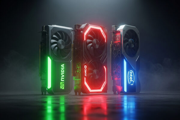 数多く表示された未来的なグラフィックボードの中から、自分の目的に合った最強の一枚を選び出している様子を一人称視点で描いたイメージ。