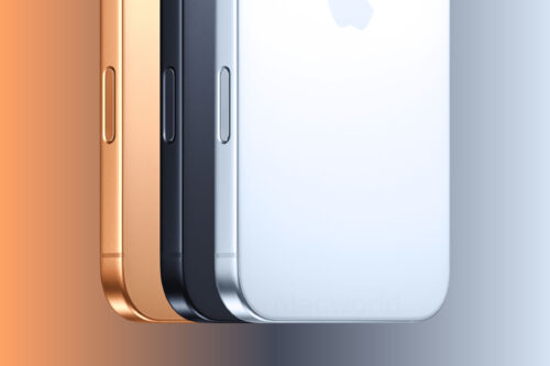 iPhone 17シリーズの多彩なカラーバリエーションを象徴するコンセプト画像。手前からProモデルのダークブルー、標準モデルのホワイト、Airモデルのライトゴールドを思わせる3台が並んでいる。