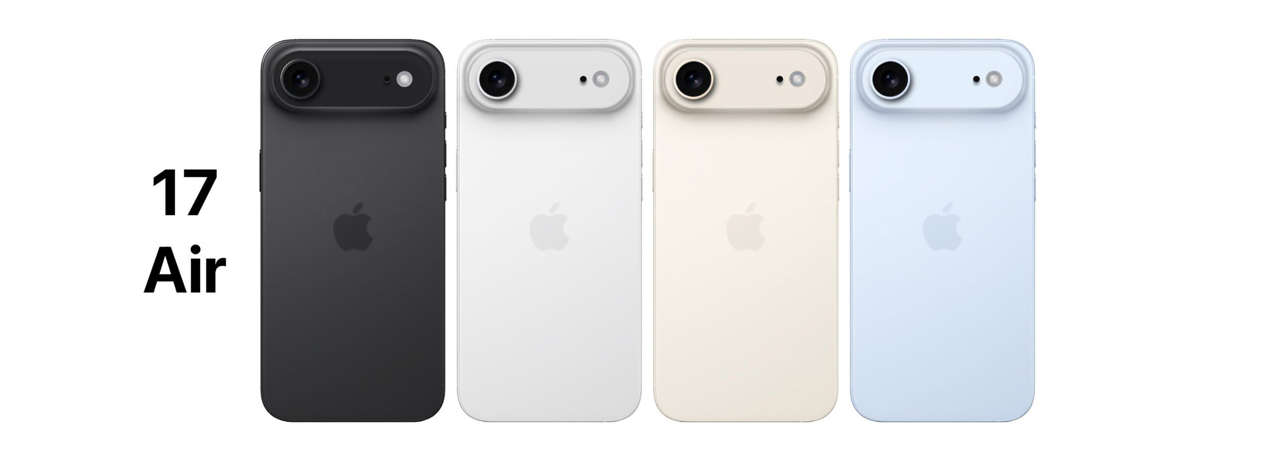 iPhone 17 Airのカラーバリエーション。黒、シルバー、クリーム、ライトブルーの4色が並んでいる。