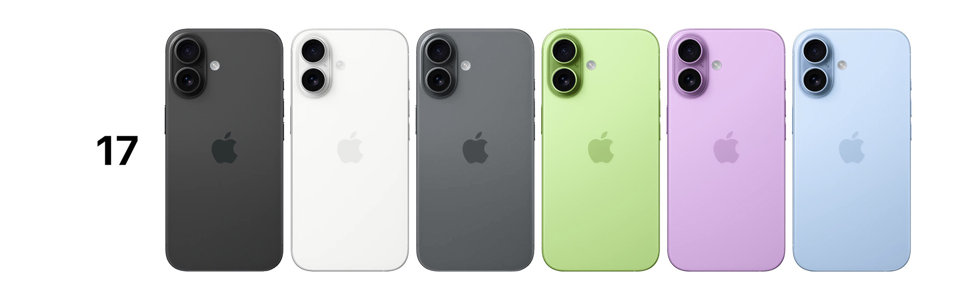 iPhone 17のカラーバリエーション。黒、シルバー、グレー、グリーン、パープル、ライトブルーの6色が並んでいる。