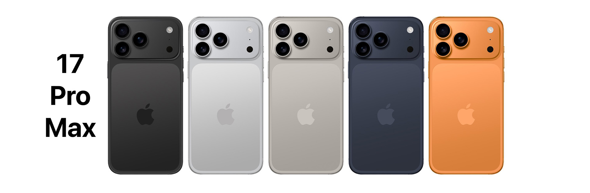 iPhone 17 Pro Maxのカラーバリエーション。黒、シルバー、ナチュラル、ダークブルー、オレンジの5色が並んでいる。