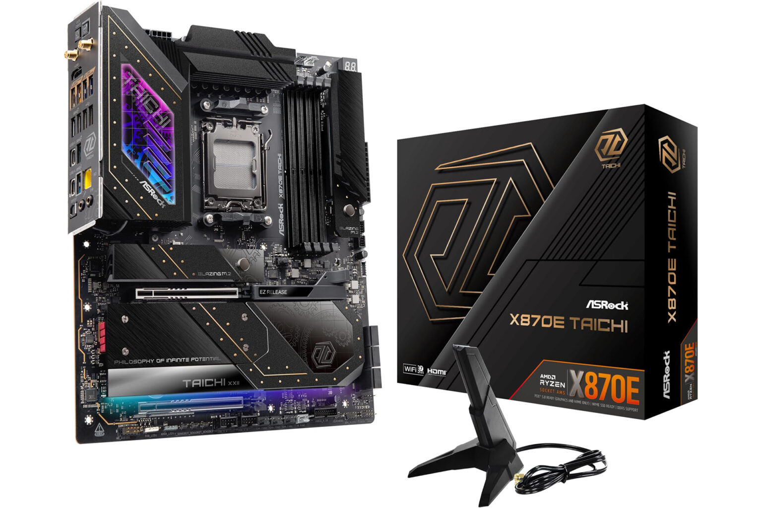 ASRock X870E Taichiマザーボード本体と、隣に置かれた製品パッケージとWiFiアンテナ。黒を基調としたデザインに金色のアクセントが特徴。