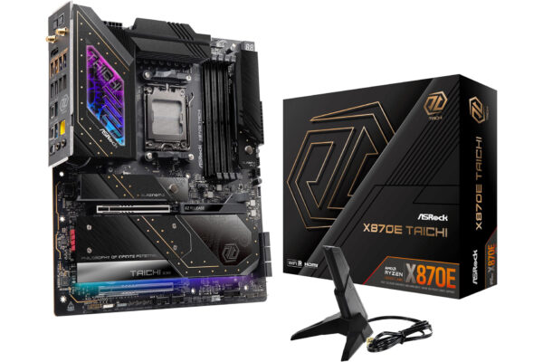 ASRock X870E Taichiマザーボード本体と、隣に置かれた製品パッケージとWiFiアンテナ。黒を基調としたデザインに金色のアクセントが特徴。
