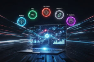 未来的な空間に開かれたAI PCのノートパソコンが描かれ、その上には「NPU」「CPU/GPU」「Memory」「Battery」「AI Features」という5つの重要ポイントを象徴するアイコンが輝いている。2025年のAI PC選びの複雑さを分かりやすく示している。