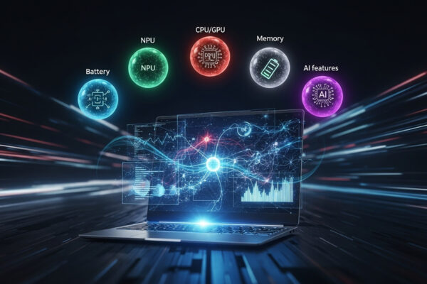 未来的な空間に開かれたAI PCのノートパソコンが描かれ、その上には「NPU」「CPU/GPU」「Memory」「Battery」「AI Features」という5つの重要ポイントを象徴するアイコンが輝いている。2025年のAI PC選びの複雑さを分かりやすく示している。
