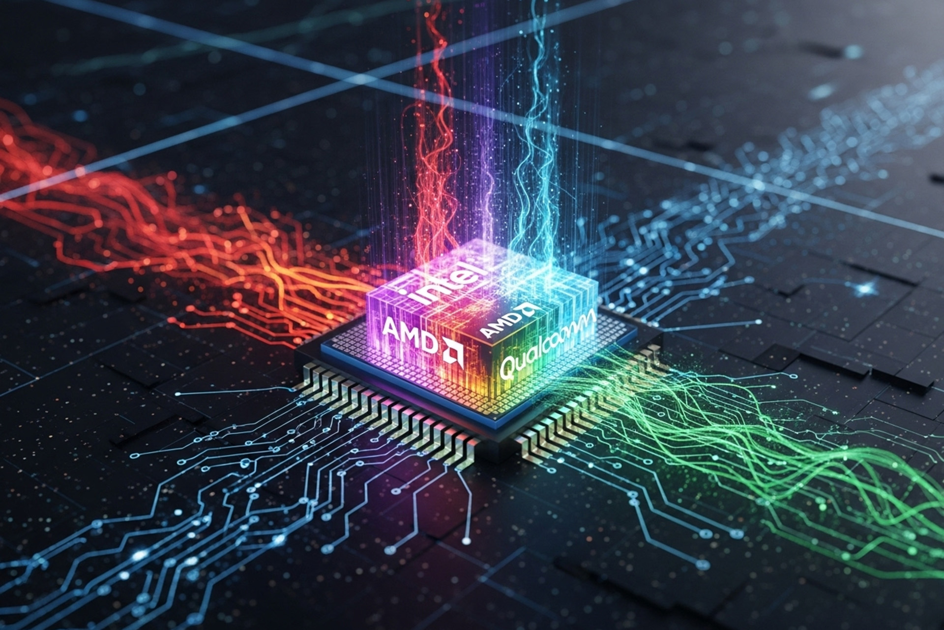AI PCの主要な半導体メーカーであるIntel、AMD、QualcommのロゴとAIの文字が統合された、輝くプロセッサーチップのイメージ。各社の技術がAI市場で競合・協力する様子を表す。