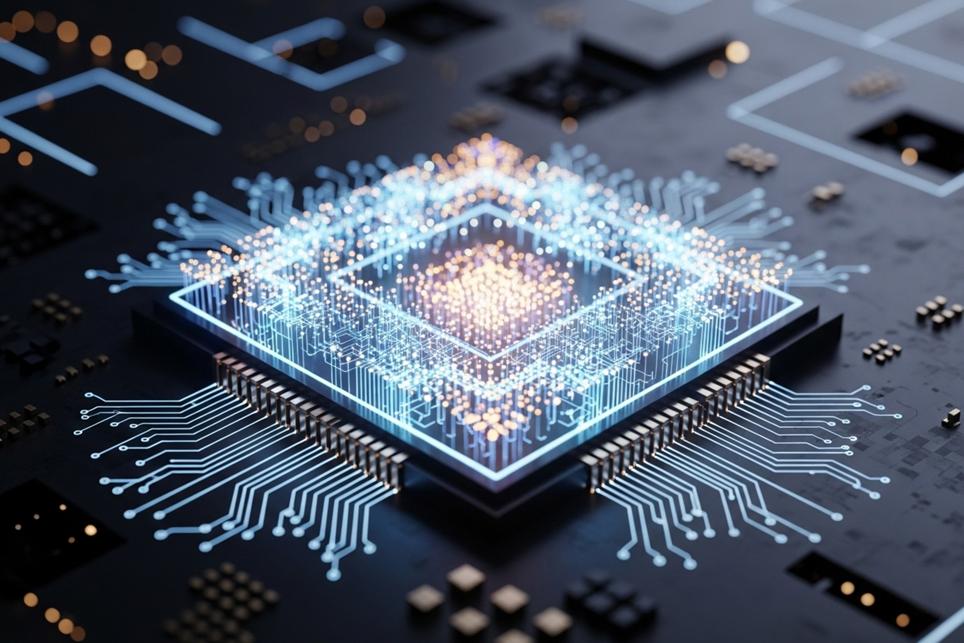 AI PCの基盤となるNPU（Neural Processing Unit）チップのクローズアップ。青く輝く回路が複雑なニューラルネットワークを形成し、AI処理の高速化を可能にする。