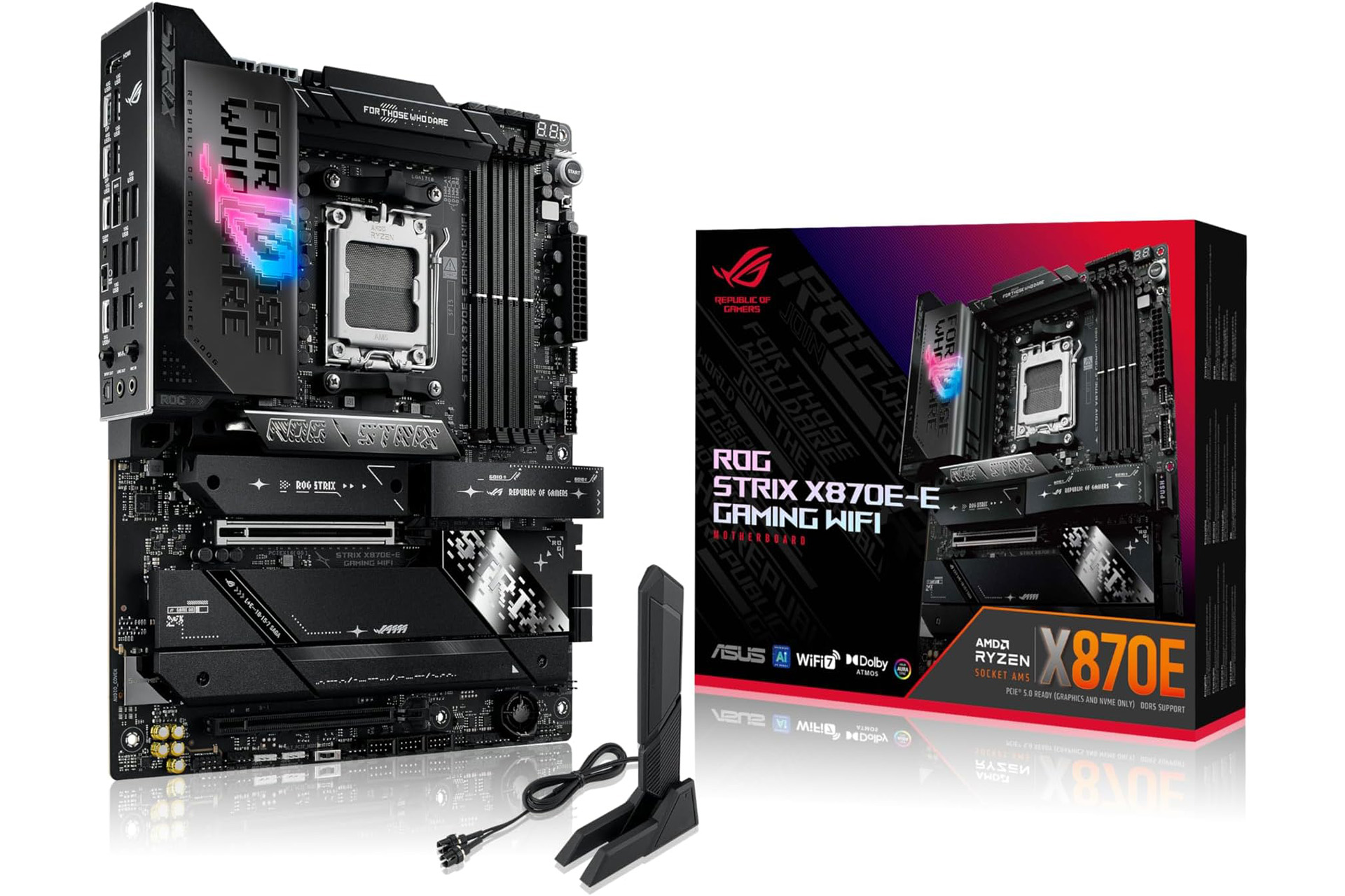 ASUS ROG Strix X870E-E Gaming WiFiマザーボード本体と製品パッケージ。ROGブランドらしい黒と赤のアクセントが特徴。
