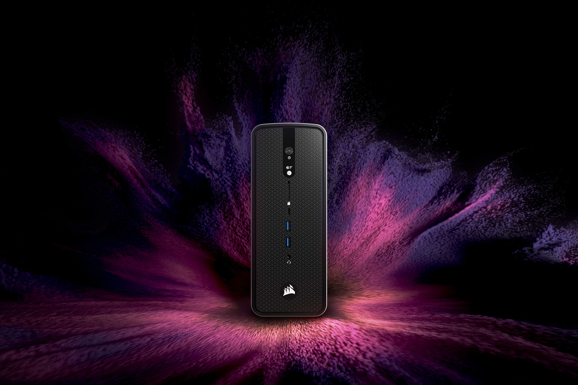 暗い背景に紫とピンクの粒子が渦巻く中に佇むCORSAIR AI Workstation 300。AI処理やクリエイティブワークにおける無限の可能性を象徴している。