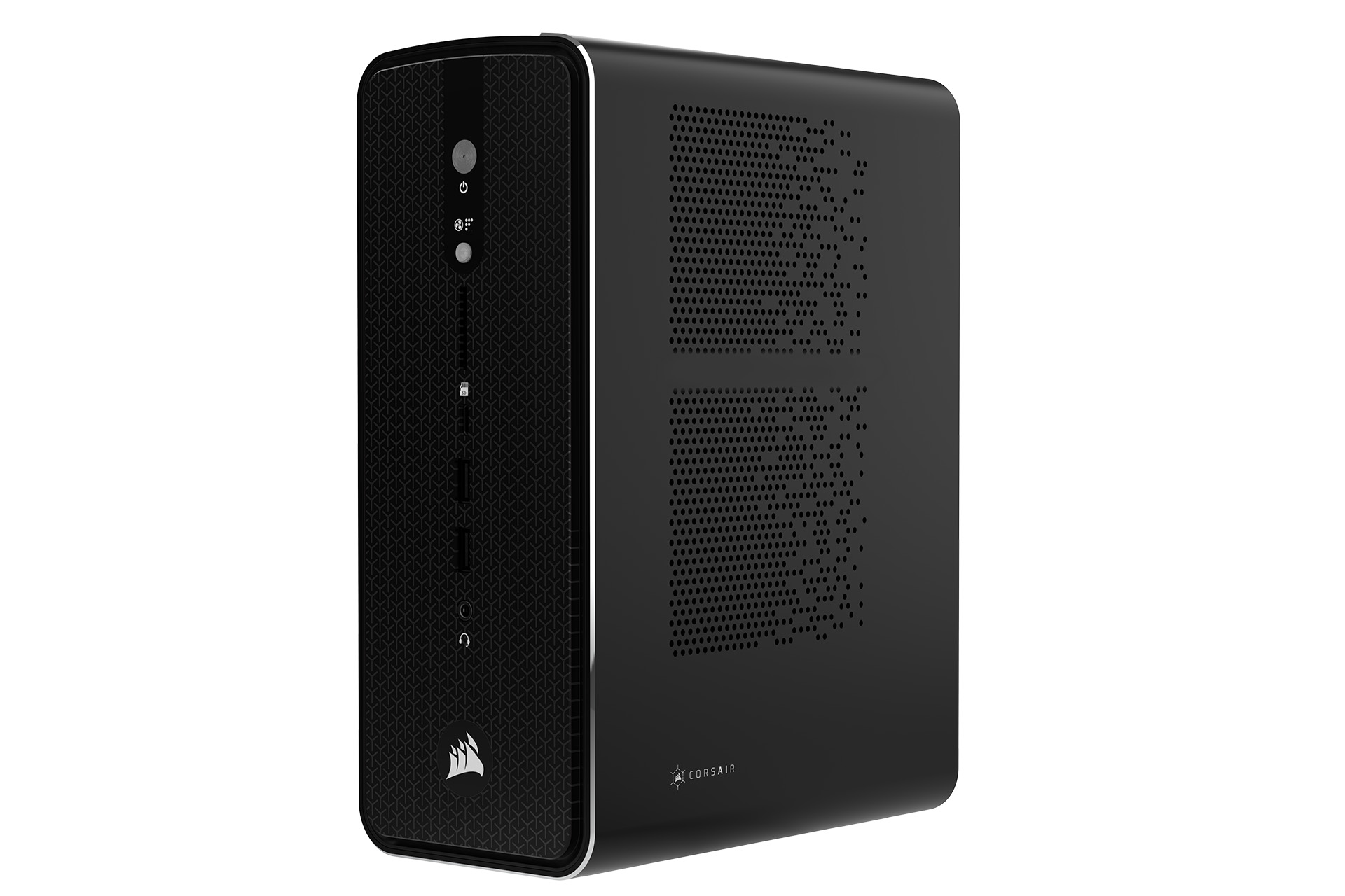CORSAIR AI Workstation 300のコンパクトなSFF（スモールフォームファクタ）筐体を斜め前方から撮影した画像。シンプルなデザインとメッシュ加工された側面が見える。