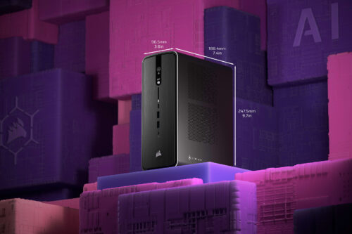 CORSAIR AI Workstation 300の本体が、ピンクと紫のAIを象徴する抽象的なデジタルブロックを背景に配置されているキービジュアル。小型PCの常識を覆す新しいAIワークステーションの到来を表現している。
