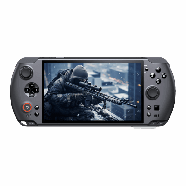 GPD WIN 5の本体画像。ディスプレイには、迫力のあるシューティングゲームの画面が表示されており、Ryzen AI MAX+ 395の強力なグラフィック性能をアピールしている。
