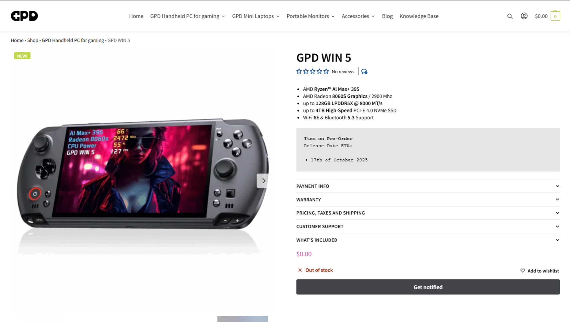 GPD WIN 5のGPD公式オンラインストア製品ページ。Item on Pre-Orderと表示され、Release Date ETAが2025年10月17日。現在Out of stockと表示されている。