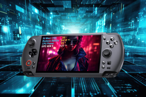 GPD WIN 5ポータブルゲーミングPCが、サイバーなデジタル空間を背景に浮遊している画像。ディスプレイにはサイバーパンク風の女性キャラクターと、AI Max+ 395、Radeon 8060S、FPS値などの性能オーバーレイが表示されている。