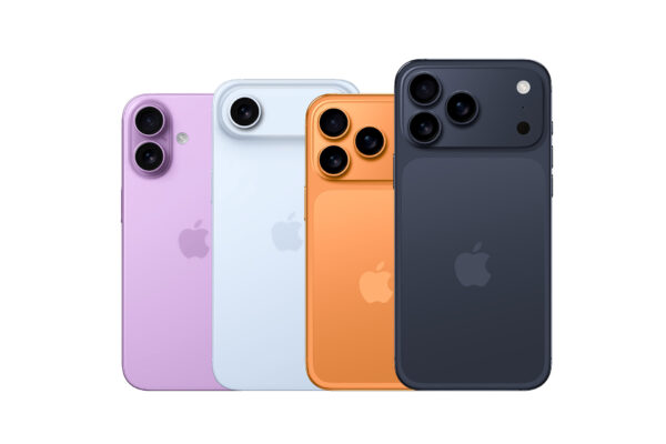 2025年に発表が噂されるiPhone 17シリーズのカラーバリエーション。パープル、ライトブルー、オレンジ、ダークブルーのモデルが並んでいる。