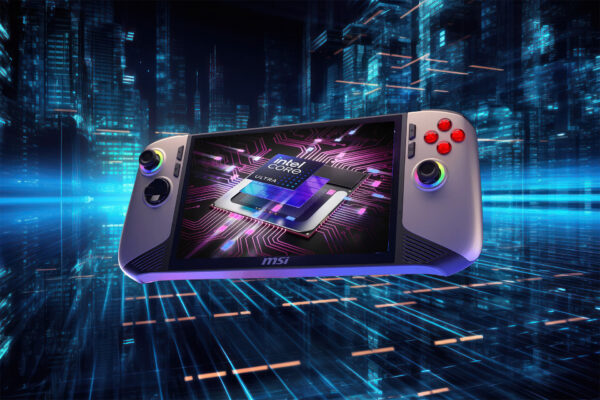 MSI Claw 8 AI+ポータブルゲーミングPCの画面に、Intel Core Ultraプロセッサーのイメージがデジタル回路とともに表示されている。未来的な都市を背景に、Intel Lunar Lakeの性能覚醒を象徴している。
