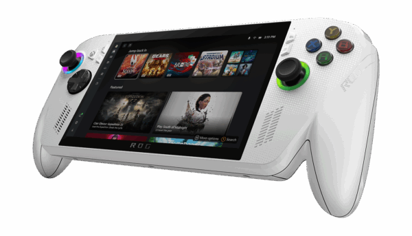 ASUS ROG Xbox Allyの白い本体を斜めから捉えた画像。画面にはゲームのUIが表示されている。