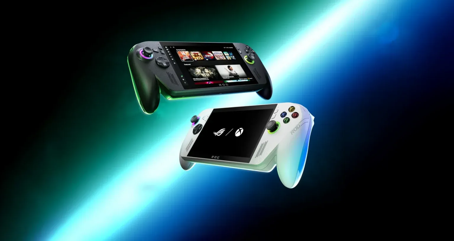 2025年に発表されたASUS ROG Xbox Ally X（黒）とROG Xbox Ally（白）のポータブルゲーミングPCが、未来的な光の中で浮遊しているキービジュアル。