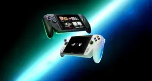 2025年に発表されたASUS ROG Xbox Ally X（黒）とROG Xbox Ally（白）のポータブルゲーミングPCが、未来的な光の中で浮遊しているキービジュアル。