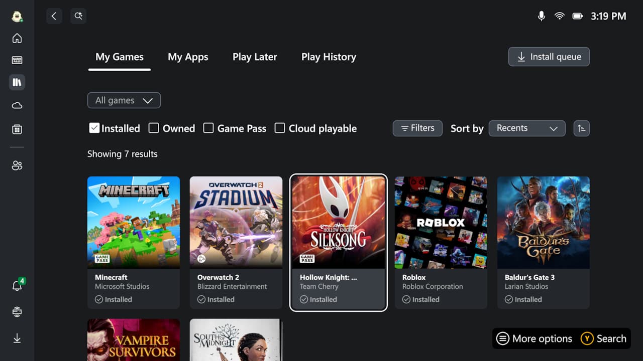 ASUS ROG Xbox Allyのディスプレイに、Xbox Game PassやSteamなどの様々なゲームタイトルがタイル状に表示されたユーザーインターフェース。
