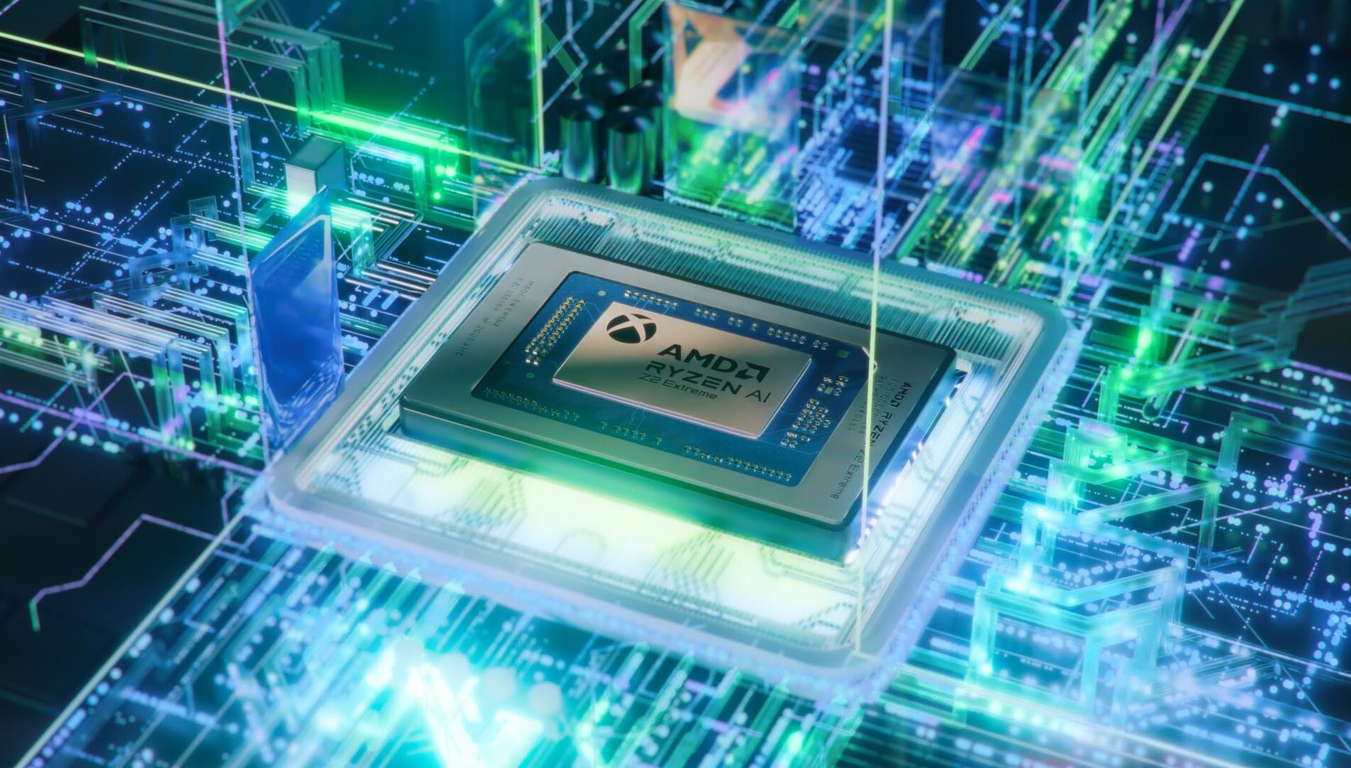 AMD Ryzen AI Z2 Extreme APUのクローズアップ画像。複雑な内部構造と、青と緑のデジタル回路が輝き、AI処理能力の高さを象徴している。
