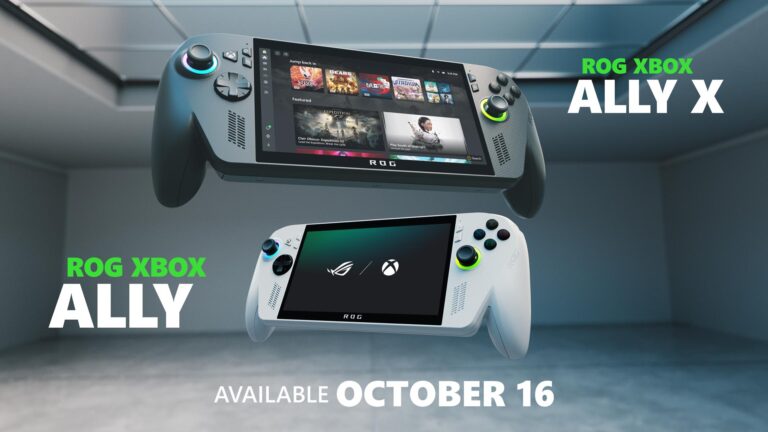 ROG Xbox Ally X（黒）とROG Xbox Ally（白）のポータブルゲーミングPCが浮遊しているキービジュアル。「AVAILABLE OCTOBER 16」と発売日が記載されている。