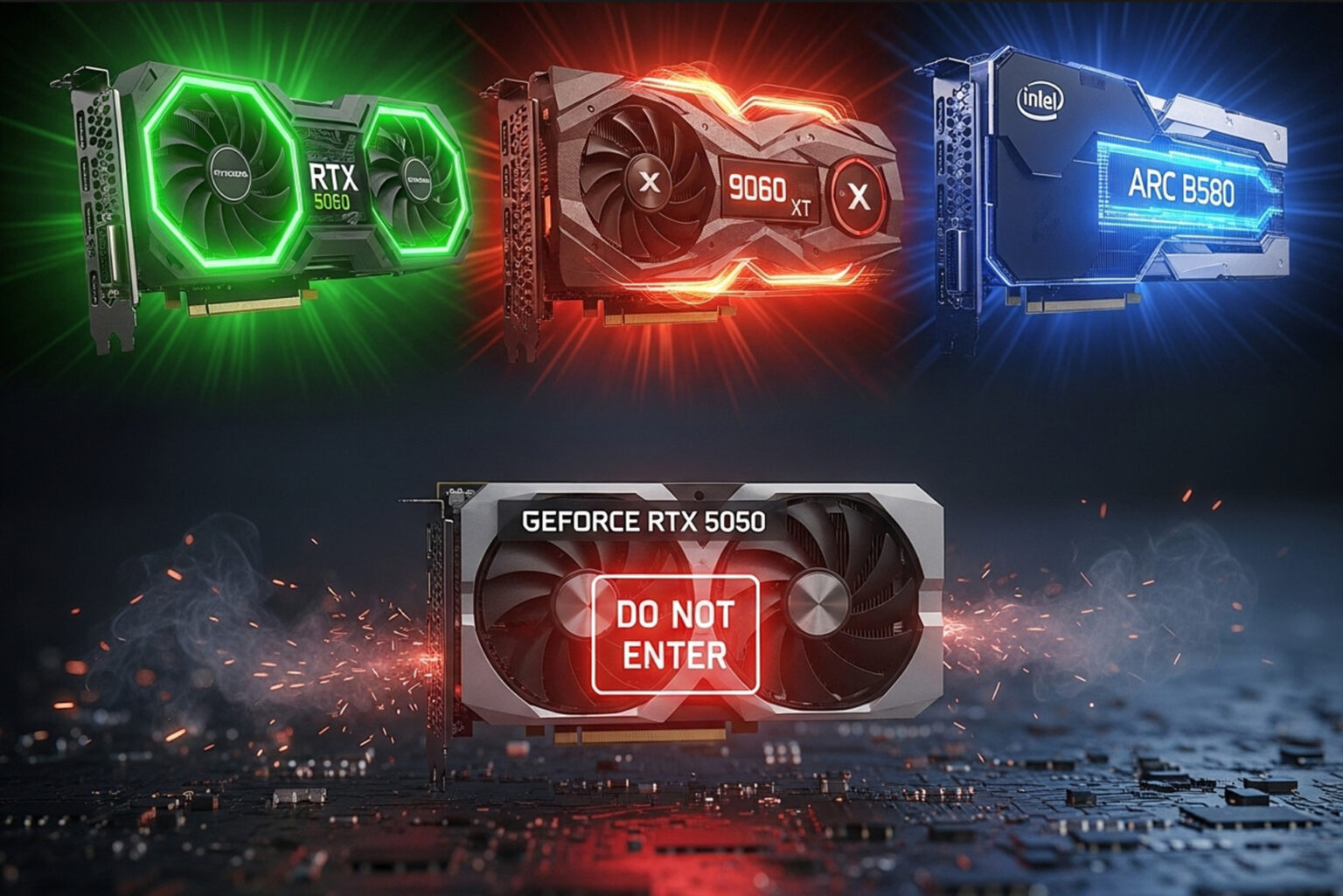 緑色のGeForce RTX 5060、赤色のRadeon RX 9060 XT、青色のIntel Arc B580のグラフィックボードが上部に輝き、下部には「DO NOT ENTER（進入禁止）」の警告表示があるGeForce RTX 5050のグラフィックボードが配置された、鮮やかな比較イメージ。