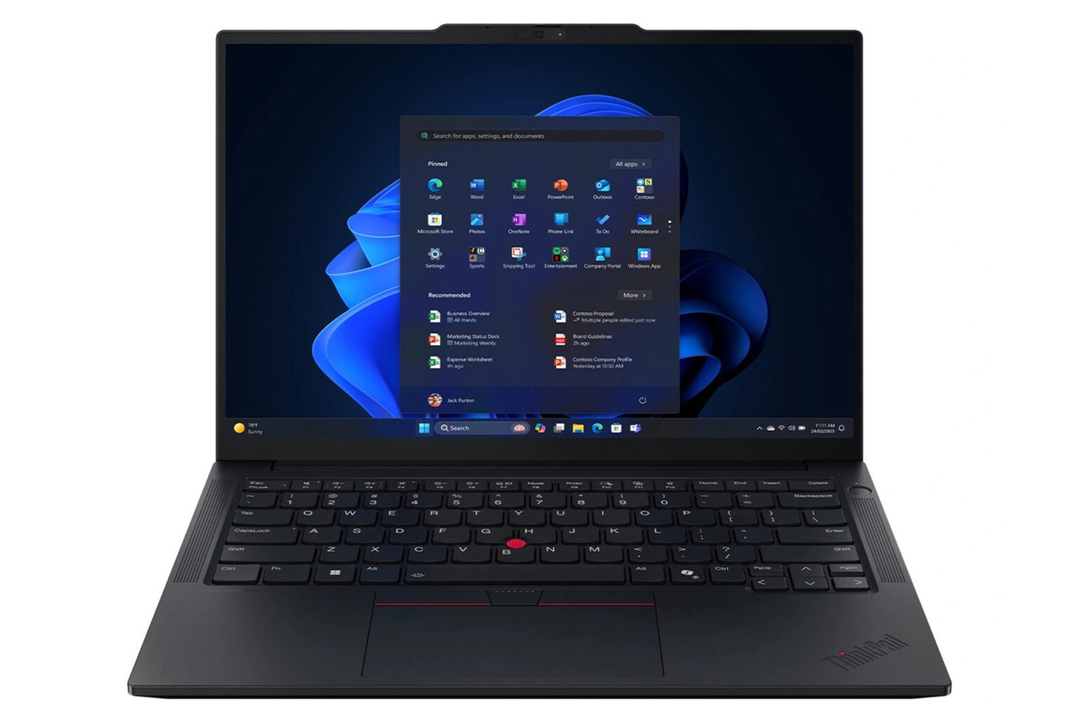 ThinkPad E14 Gen 7の正面からの画像。Windows 11のデスクトップ画面が表示され、キーボードのトラックポイントも見える。